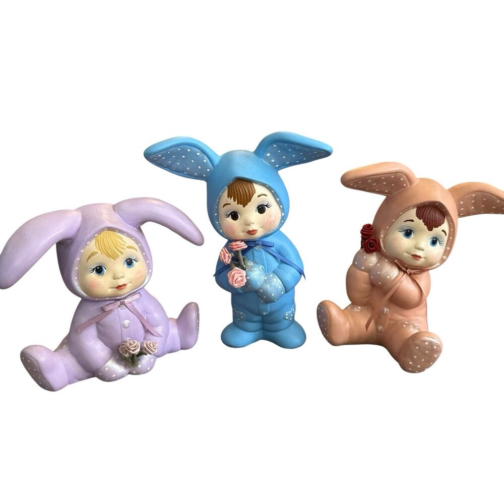 ADORABLE Vintage lot‎ of 3 Ceramic Hand Painted Pastel Sweet Tot Bunnies